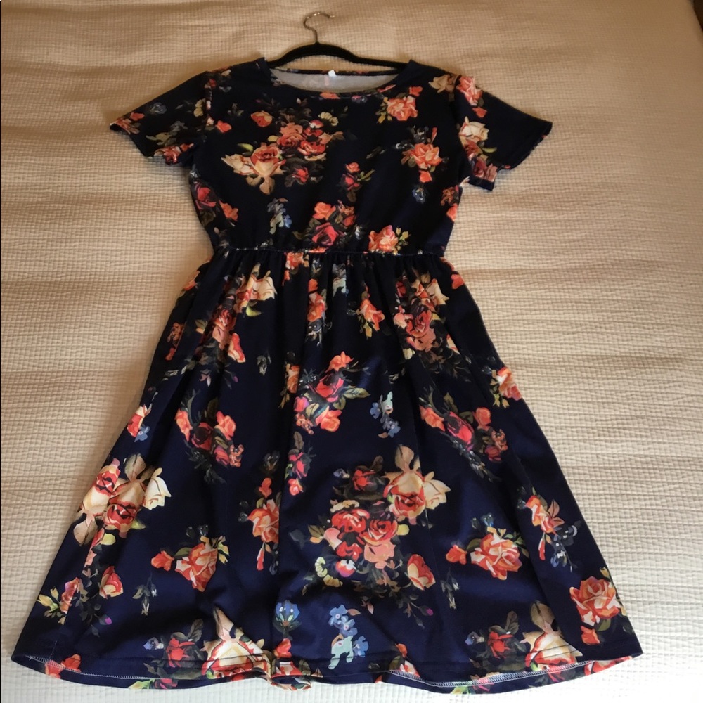 Navy Blue Floral MIDI Dress L